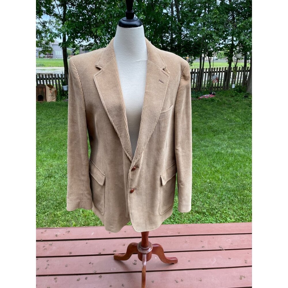 Vintage Tan Corduroy Blazer Jacket By Andre Villard W/ Satin Lining 2-Button Clo